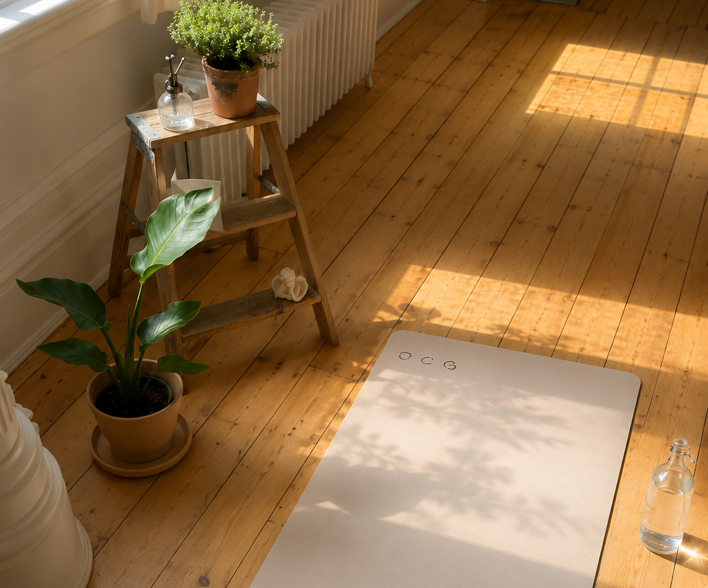 A white rectangular yoga mat with three small circular cutouts lies on a sunlit wooden floor. A potted plant, a small wooden stool with another plant, and a glass bottle are nearby in a bright room with warm natural light.